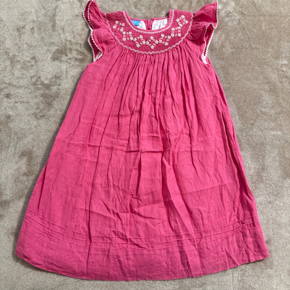 Anavini Girls Pink Hand Smocked Linen Dress Floral Flutter Sleeve Size 5